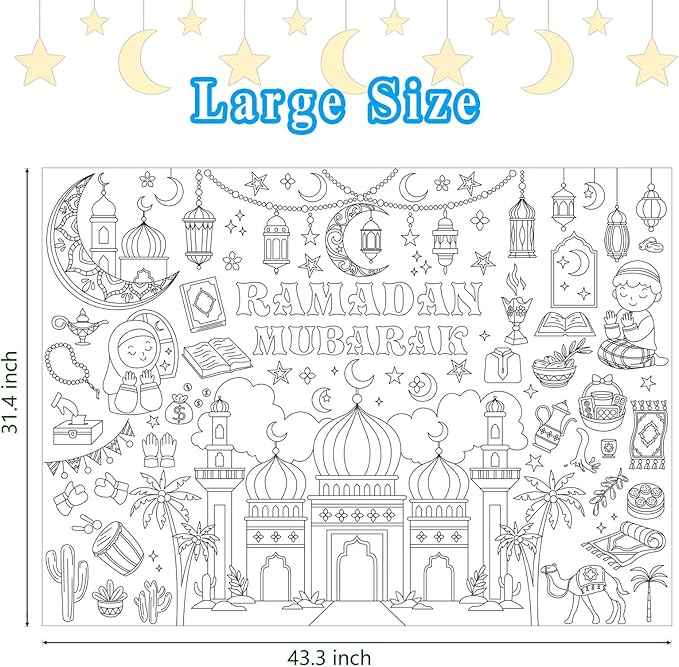 Labeol Ramadan Decorations Giant Coloring Tablecloth Banner for Kids Ramadan Kids Coloring Crafts Activities Party Table Decor