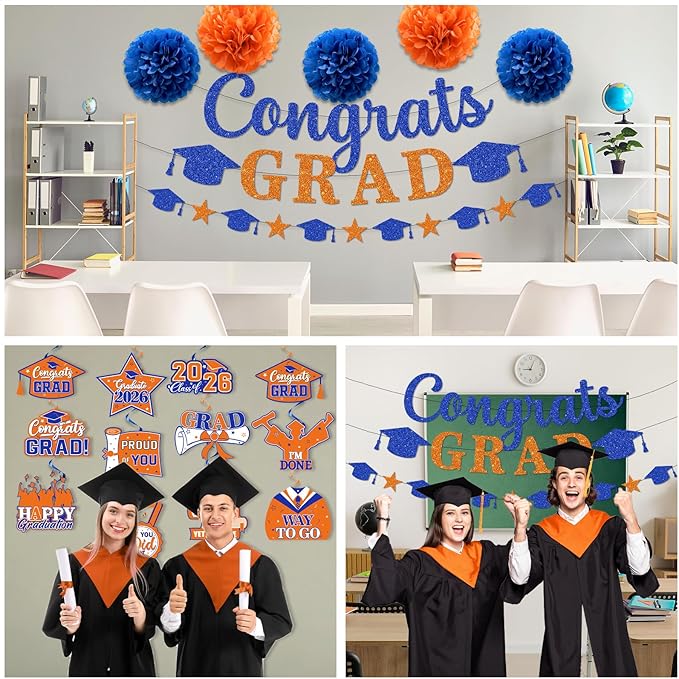 Orange and Blue Graduation Decorations, Glitter Congrats Grad Banner Hanging Swirls and Tissue Pom Poms, Blue and Orange Graduation Decorations for College Graduations Party Decorations Class of 2026