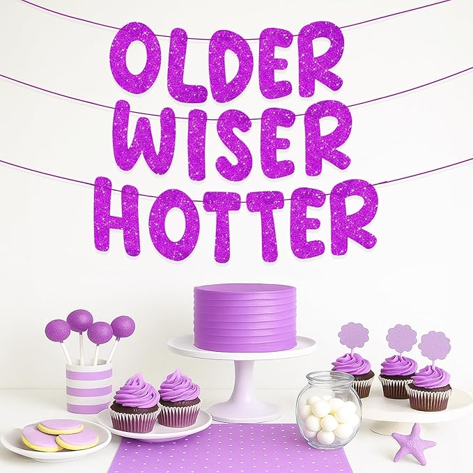Pre-Strung Happy Birthday Banner Birthday Sign NO DIY Glitter Older Wiser Hotter Banner for Women Men 30th 40th 50th 60th 70th 80th Funny Purple Birthday Decorations (Purple)