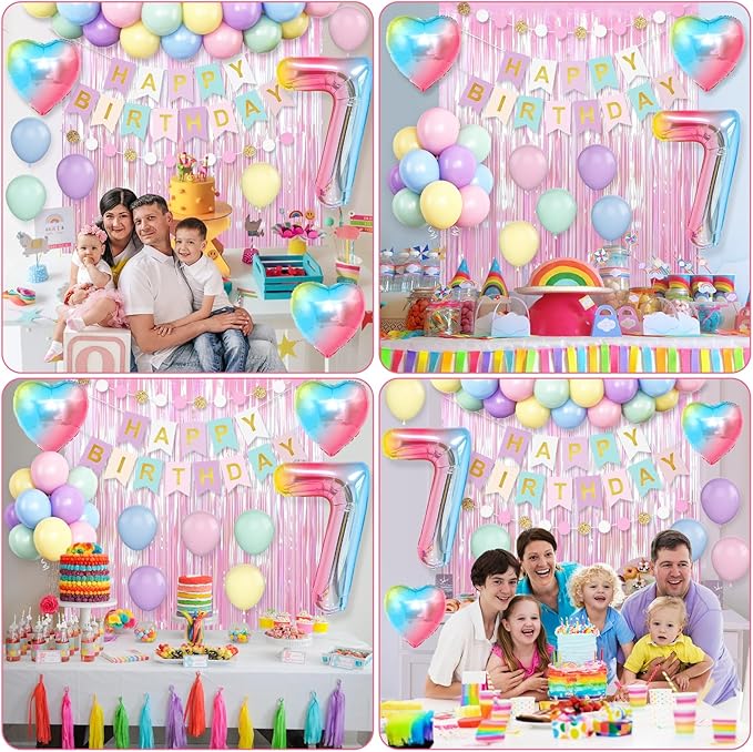 7th Birthday Decorations Rainbow,Gradient Number 7 Balloon,Pastel Happy Birthday Banner Fringe Curtain Heart Foil Balloons Boys Girls 7 Year Old Decor