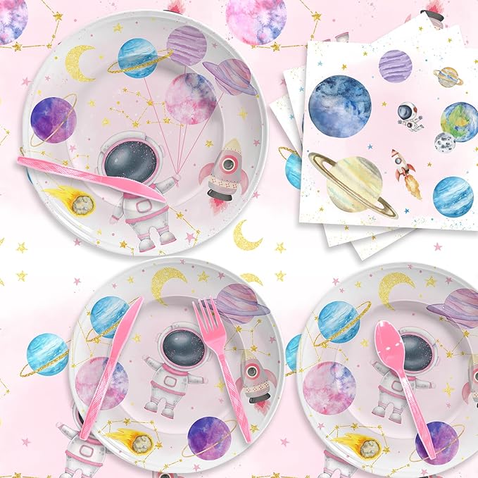 142PCS Space Theme Party Supplies For Girl, Birthday Paper Plates First Trip Around The Sun Astronaut Planet Cake Plate Tableware Dinner Set for Boys Girls Birthday Shower Forks