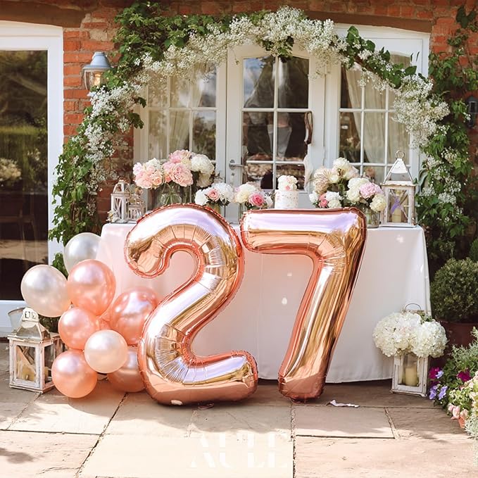 AULE 40 Inch Large 27 Balloon Numbers Rose Gold Big Foil Number Balloons Giant Helium Happy 27th Birthday Party Decorations fo Women Huge Mylar 72 Anniversary Supplies