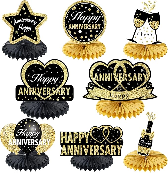 Happy Wedding Anniversary Decorations Table Honeycomb Centerpiece, 8pcs Anniversary Theme Party Supplies for Adult, 10th 25th 30th 40th 50th 60th Anniversary Table Decor