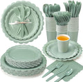 350 Pcs Sage Green Plates and Napkins, 50 Guest Easter Spring Party Supplies Include Scalloped Paper Plates Napkins Cups Plastic Spoons Forks Knives Disposable Tableware Set for Baby Shower