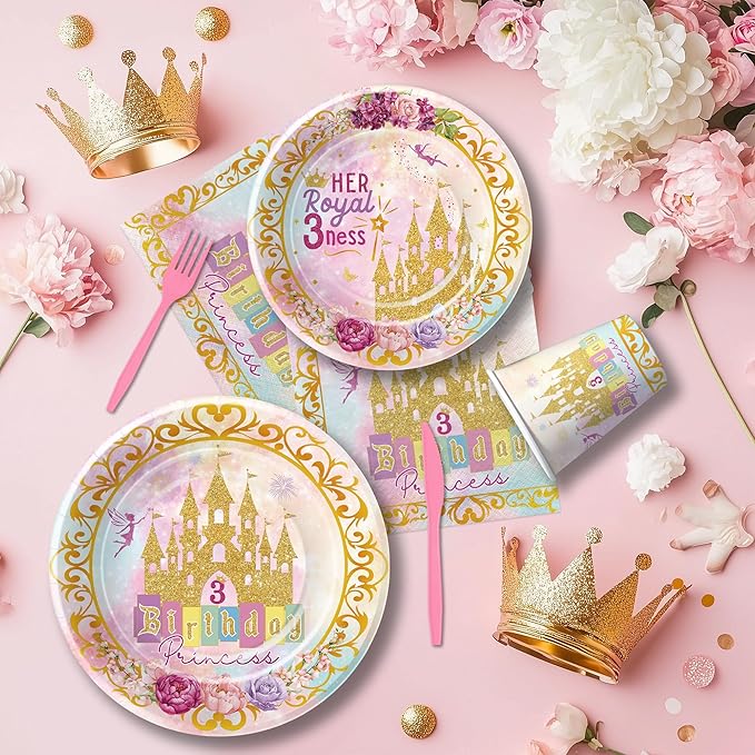 Princess 3rd Birthday Party Decorations Tableware, Pink and Gold Princess Theme Her Royal 3ness Birthday Party Supplies, Paper Plate, Cup, Napkin, Disposable Cutlery, Serve 24