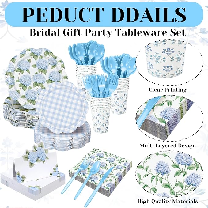 Shellwei 410 Pcs Blue Hydrangea Tea Party Decorations Elegant Floral Paper Plates and Napkins Set Disposable Party Tableware Sets with Cups Knives Forks Spoons Seat Card Favors for 50 Guests