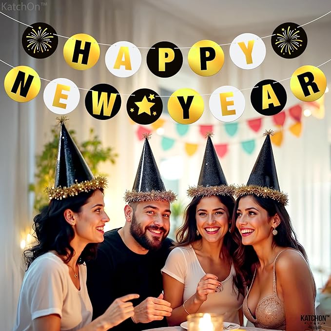 KatchOn, Shiny Happy New Year Banner 2026 - 10 Feet, Pre - Strung | Happy New Year Backdrop, Happy New Years Decorations 2026 | New Years Eve Banner, New Years Eve Party Supplies 2026 | NYE Decorations 2026