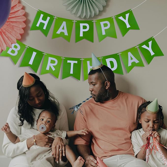 Green Happy Birthday Banner - Hanging Backdrop Sign with White Letters, Happy Birthday Sign Bunting Decorations for Women men Kids Baby Shower Party Supplies (13pcs)