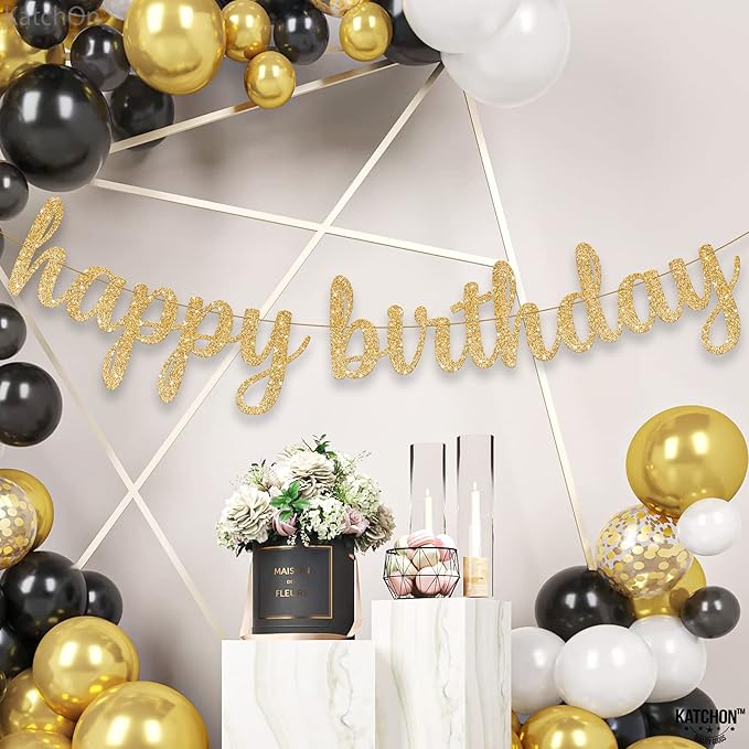 KatchOn, Glitter Cursive Gold Happy Birthday Banner - Pre-Strung, 10 Feet | Birthday Decorations for Women, Men, Boys and Girls | Hbd Banner Backdrop For Birthday Party Decorations | Gold Happy Birthday Sign