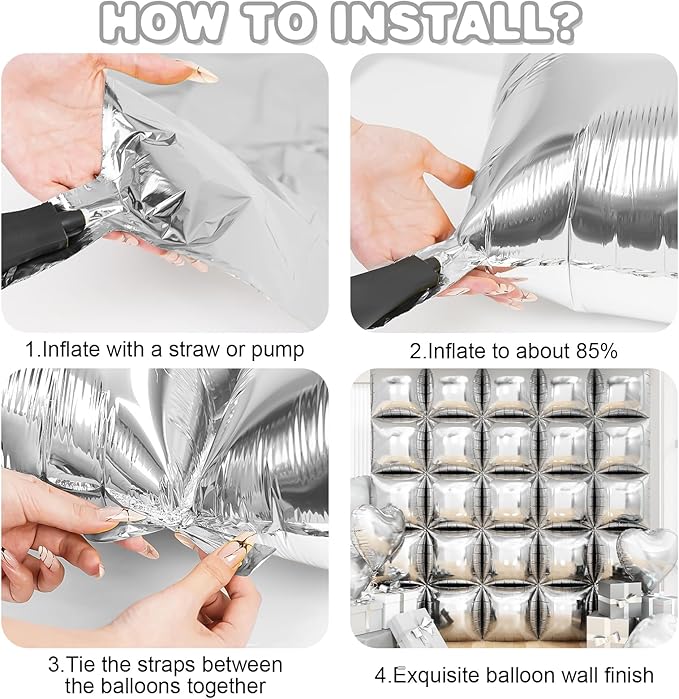 Silver Square Foil Balloon Wall,25Pcs Silver Balloons Backdrop Helium Balloon Tunnel Arch Garland Kit for Birthday Bridal Anniversary Baby Shower Party Decorations