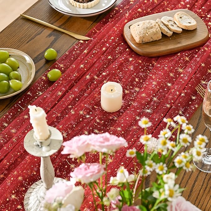 Horaldaily Red Gold Sparkling Star Gauze Tablecloth 60x84 Inch Rectangular, Golden Star Sequin Glitter Metallic Foil, Sheer Tulle Cheesecloth for Wedding Baby Shower Party