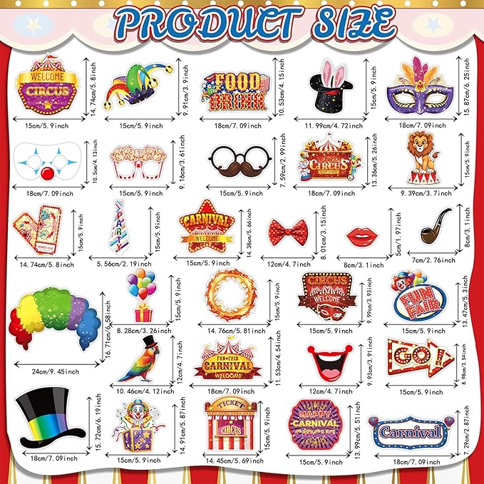 30 Pieces Carnival Photo Booth Props Funny Circus Carnival Photobooth Props Carnival Theme Party Decorations for Birthday Christmas New Year School Party