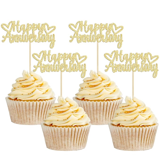 Gyufise 24 Pieces Gold Glitter Happy Anniversary Cupake Toppers Anniversary Party Supplies Cake Decoration Wedding Anniversary Celebration Party Decoration Supplies