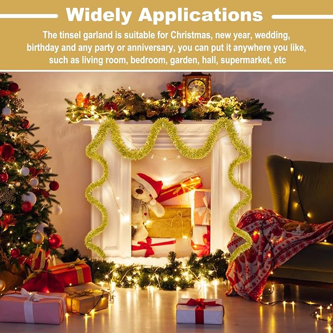 50 Feet Christmas Tinsel Garland, Metallic Twist Garland Wall Hanging Tinsel Garland Backdrop for Parade Floats, Carnival, Birthday, Wedding, New Year Party Decorations (Gold, 2in x 50ft)