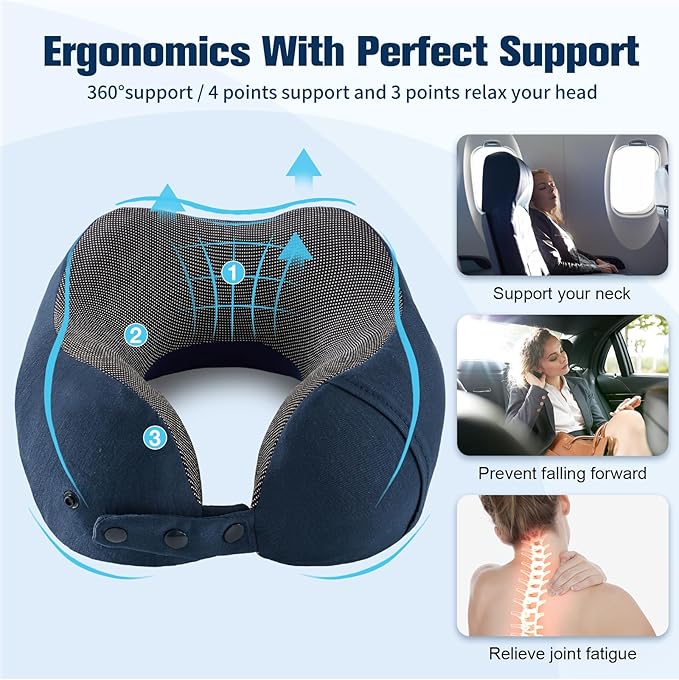 Cirorld Neck Pillow for Traveling, Travel Pillows for Airplanes,100% Pure Memory Foam Travel Neck Pillow, Adjustable Flight Pillow, Portable Plane Accessories with Eye Mask, Earplugs, Carry Bag