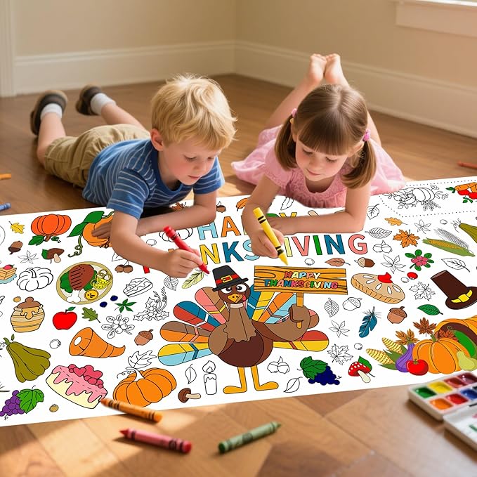 Thanksgiving Giant Coloring Poster,72 x 30 Inches Large Fall Thanksgiving Tablecloth/Banner for Kids DIY Coloring Tablecovers Gifts Turkey Pumpkin Fruits autumn School Classroom Home Party Supplies