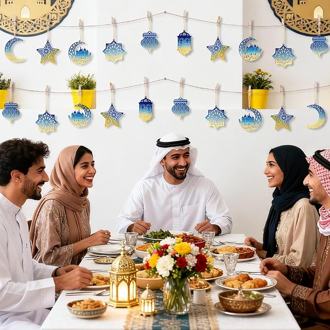 36PCS Wooden Ramadan Decorations Eid Islam Mubarak Ornaments Mubarak Hanging Hollow Pendant to Paint, DIY Blank Unfinished Wood Moon Cutouts Crafts Hanging Al Adha Star Lantern for Muslim Festive