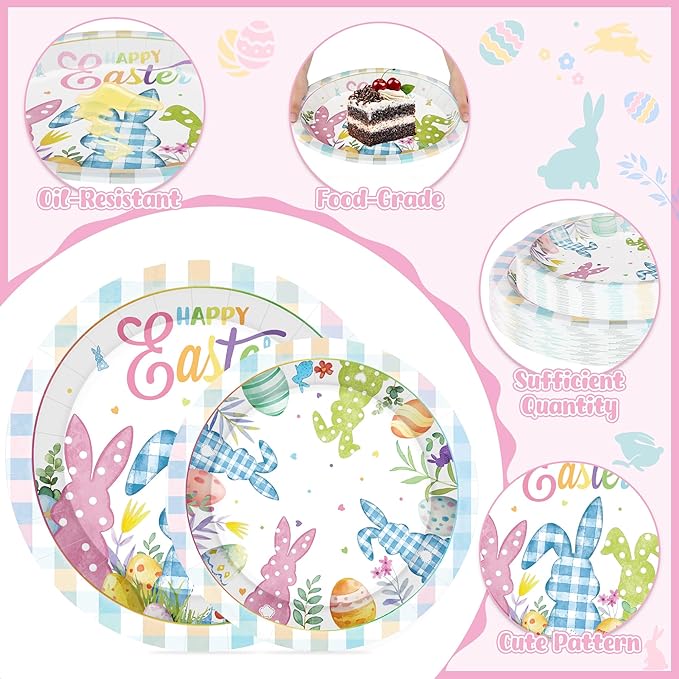 QZYL 120Pcs Easter Plates and Napkins, Disposable Easter Decorations Dinnerware for 30 Guests, Colorful Spring Bunny Paper Plates and Napkins, 9″ and 7″ Tableware for Easter Party Favors Spring Event