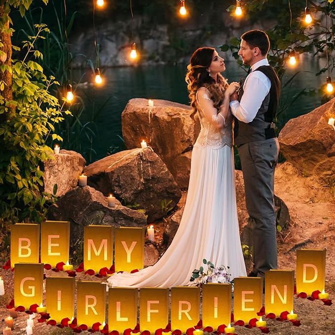 Be My Girlfriend Light Up Letters, Include Light up Letters, with Tea Lights Candles, Latex Balloons, Aluminum Balloons and Rose Petals, Anniversary and Valentines' Day Decorations for Women