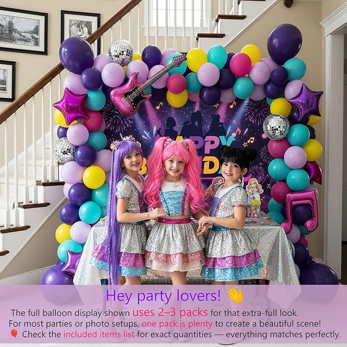 Purple pink teal kpop theme Balloon Arch Garland Kit with backdrop Musical symbols Disco Star mylar balloons for kpop music Birthday Decorations Y2K Concert Movies Tv fans Party Supplies