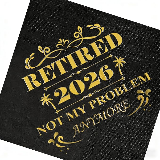 Retired 2026 Cocktail Napkins, 50 Pack 3-Ply Retirement Party Decorations Supplies, Black & Gold Disposable Napkins for Farewell,Coworker Goodbye & Going Away Celebration (5"x5")
