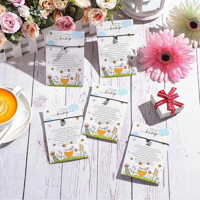 Thyle Baby Shower Favors for Guests Adjustable Bracelets with Message from the Bump Card Footprints Charm Baby Shower Bracelets for Gender Reveal Thank You Gifts(50 Set,Nature)
