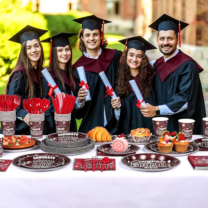 175PCS Graduation Plates and Napkins Set 2026 Graduation Party Supplies Tableware Set Include Paper Plate Napkin Cup Knife Fork Spoon for Grad Party Decor Serve25(Maroon)