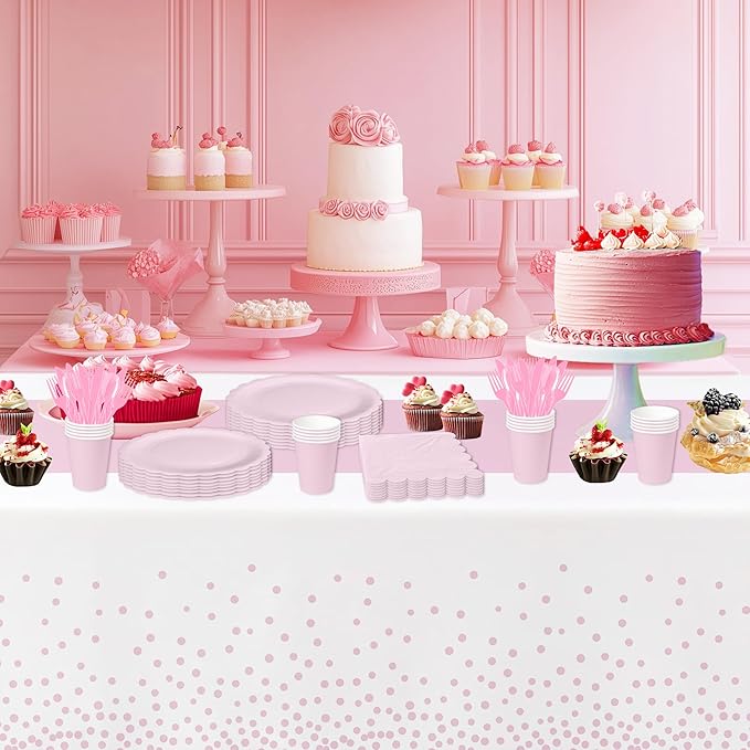 White and Pink Party Decorations Tablecloth, 3 Pack Disposable Light Pink Dot Table Cover Printed Table Runner for Birthday Baby Bridal Shower Wedding Anniversary Graduation, 86in x 55in
