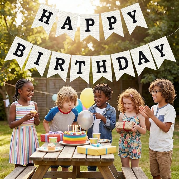 Burlap Happy Birthday Banner, Black Assembled Happy Birthday Banner Sign Garland for Boys Girls Rustic Party Decorations