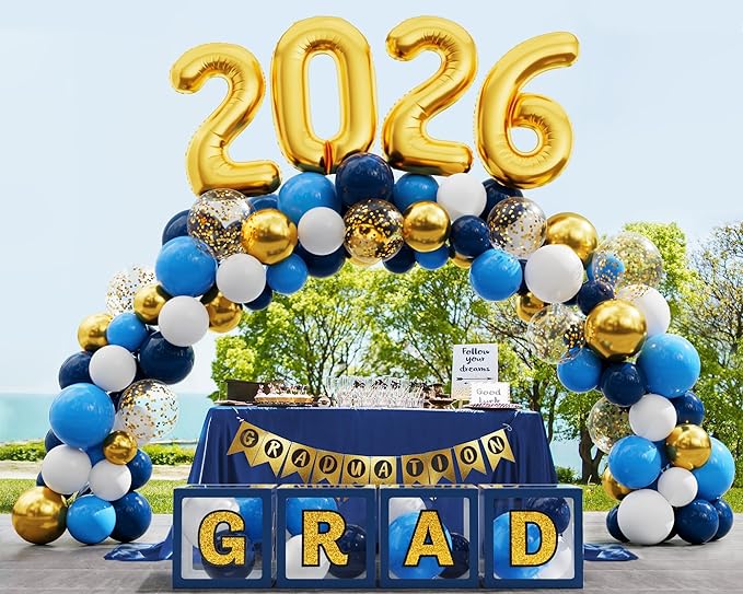 Graduation Party Decorations Class of 2026, 86PCS Blue & Gold Graduation Party Supplies High School College Grad Balloon Boxes with Letter, Foil Curtains, LED String Light, Balloon Garland Kit