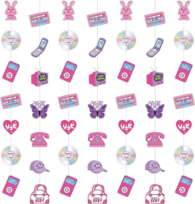 Spakon 8 Packs Y2k Party Decorations Pink Paper Banner Early 2000s Hanging Decor I Love 00's Paper Cutout Retro 2000s Garland for Birthday Female Bachelorette Party Supplies Decoration
