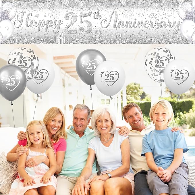 Silver 25th Wedding Anniversary Decorations for Men Women Silver Happy 25th Anniversary Banner and 18Pcs Balloons for 25 Years Wedding Party Decoration Supplies