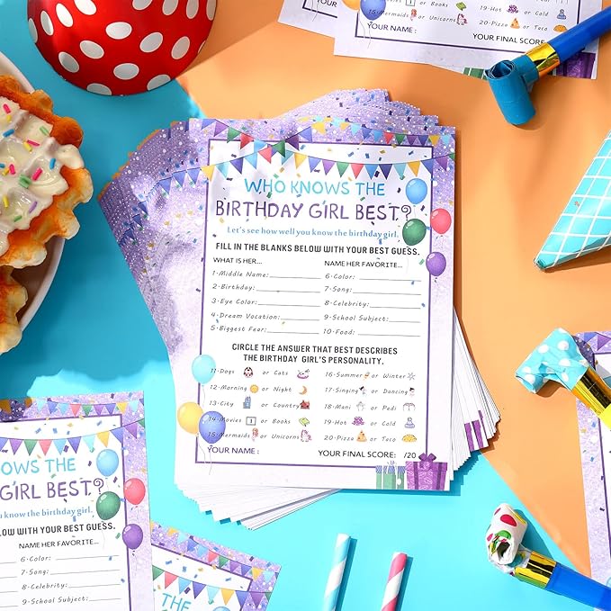 Skylety The Birthday Girl Best, 50 Pieces Birthday Party Activity Game Card Set Who Knows Her Best Girl Birthday Party Activity Themed Party Decorations(Purple)
