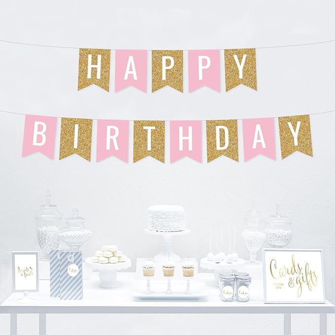 Andaz Press Hanging Pennant Banner Party Decorations, Gold Glitter, Blush Pink, Happy Birthday, 1-Pack, Approx. 5-Feet, Girl's 1st 2nd 3rd Twins Birthday Themed Decor