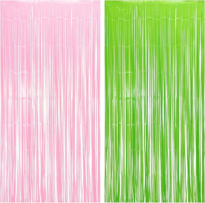 BRAVESHINE Party Streamers Backdrop - 2 Pack 3.2ft X 8.2ft Tinsel Foil Fringe Curtains for Margarita/Witch/Luau/Princess/Fairy/Girl/Birthday/Wizard/Photo Booths/Pink and Green Party Decorations