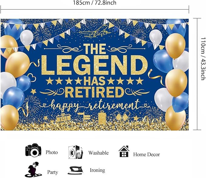 Blue Gold The Legend Has Retired Banner Backdrop Photography Background Hanging Happy Retirement Party Decoration for Men Women Office Colleagues Farewell Accessories Supplies 72.8 * 43.3in