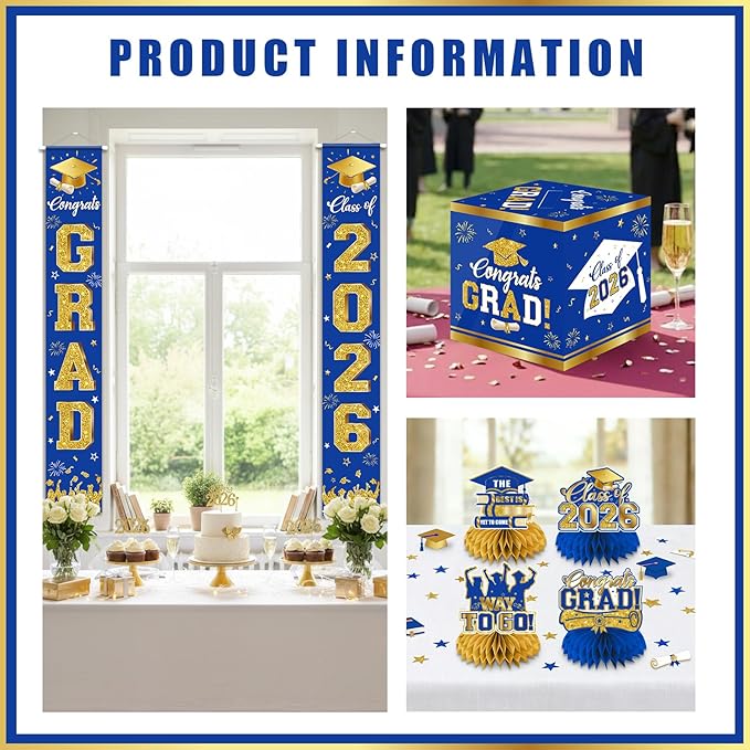 2026 Graduation Decorations - Blue Gold Congrats Grad Party Supplies include Card Box, Backdrop, Banner and Balloons for Class of 2026 Decorations Set