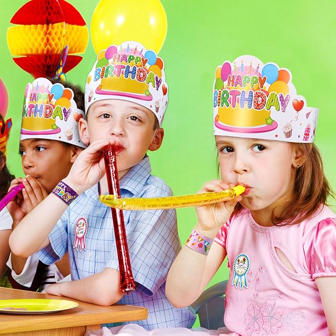 Yunsailing 108 Pcs Happy Birthday Party Supplies for Kids Include 36 Birthday Paper Crowns 36 Badge Stickers and Slap Bracelets for Classroom School Party Supply(Cute Style)