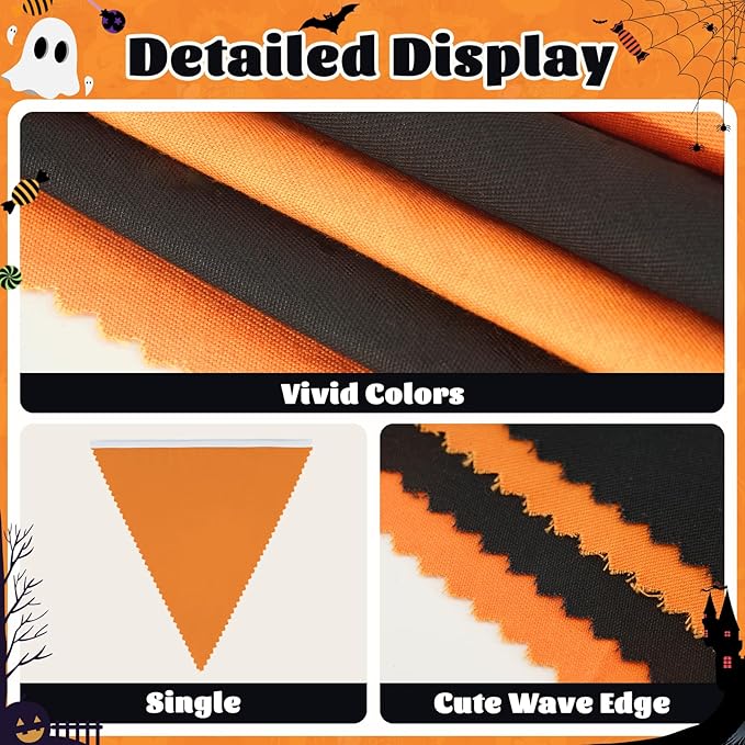 GCQQ Black Orange Banner Decoration 40Ft Halloween Pennant Banner 42Pcs Fabric Cotton Triangle Pennant Flags Banners for Fall Halloween Grad Birthday Bridal Shower Wedding Party Decor