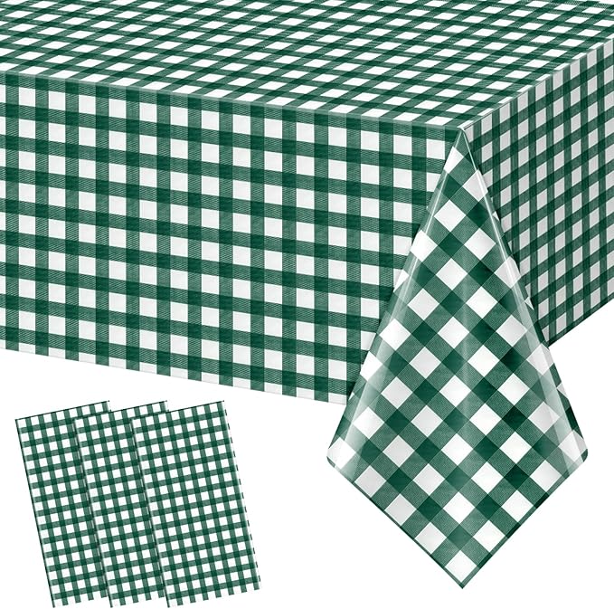 3pcs 54X108inch Dark Green Checkered Tablecloth,Green Gingham Tablecloths Buffalo Plaid Disposable Plastic Table Covers for Birthday Baby Shower Bridal Wedding Party Birthday Decorations