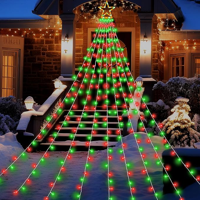 Christmas Decorations Outdoor, 11.5 ft 317 LED Star Christmas Tree Lights, 8 Memory Lighting Modes&Timer Star Light for Yard, Wedding, Party, Decorations（Red+Green）
