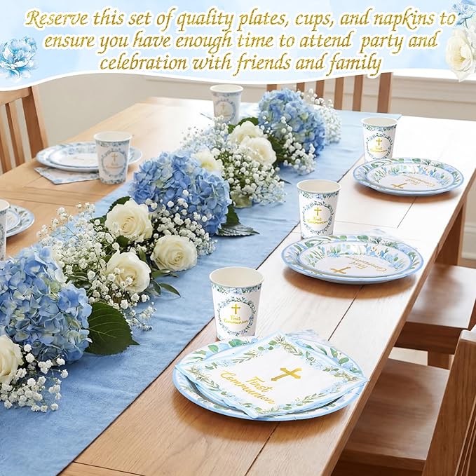 Pickmesh 250 Pcs Blue First Holy Communion Disposable Tableware Set God Bless Baptism Disposable Paper Plates Napkins and Cups for Boys Christening Celebration Baby Shower Religious Supplies Serve 50