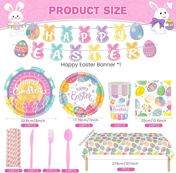 194Pcs Easter Paper Plates & Napkins Sets, Easters Dinnerware/Tableware Sets Including Cups Straws Plastic Cutlery Banner Disposable Tablecloth for Easter Party Supplies Decor,Serves 24 Guests