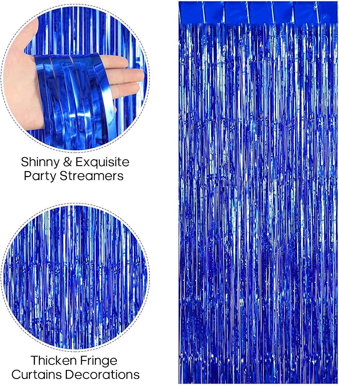 2 Pack Fringe Curtains Backdrops, Foil Fringe Curtains, Door Streamers for Birthday Wedding Bridal Shower Holiday Graduation Party Decorations, Photo Booth Backdrops, Blue