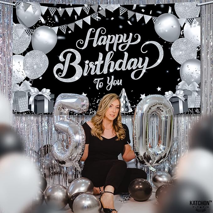 KatchOn, Silver Happy Birthday Banner - Large, 72x44 Inch | Happy Birthday Decorations for Men, Women, Boys and Girls | Birthday Backdrop For Silver Party Decorations