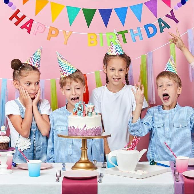 Pre-Strung 3D Happy Birthday Banner - Felt Ball Garland Happy Birthday Banner, Multicolor Rainbow Triangle Flags Reusable Party Decorations