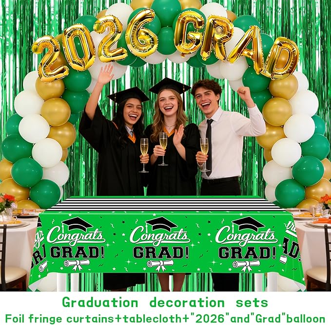 7-Pack Graduation Party Decorations Set, 3 Green Graduation Tablecloths 54x108in, 2026 And GRAD Balloons, 2 Foil Fringe Curtains for High School College Graduation Party Photo Booth