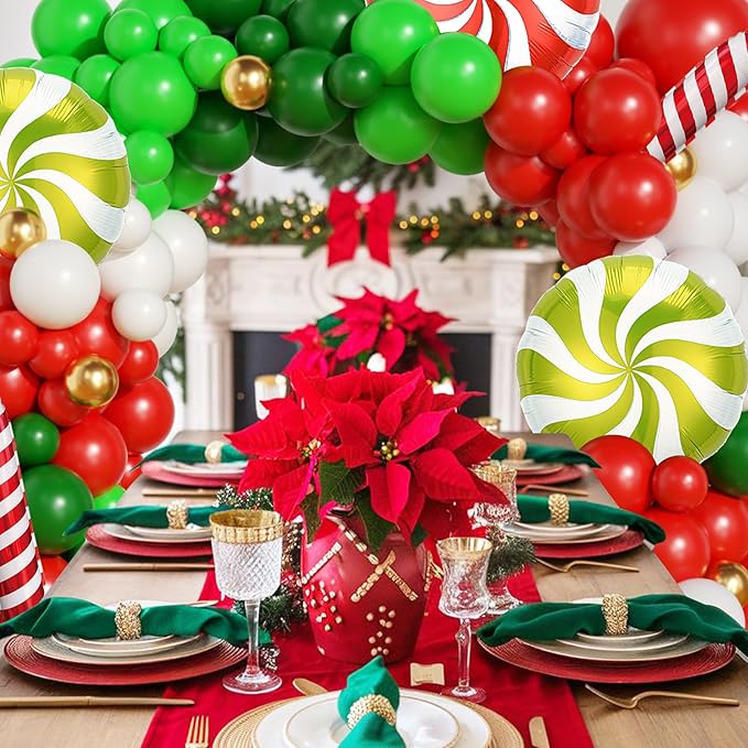 Christmas Balloon Garland Arch Kit, OTLGEUA 135Pcs Red Green White Gold Balloons for Candy Cane Friendsmas Christmas Party Decorations
