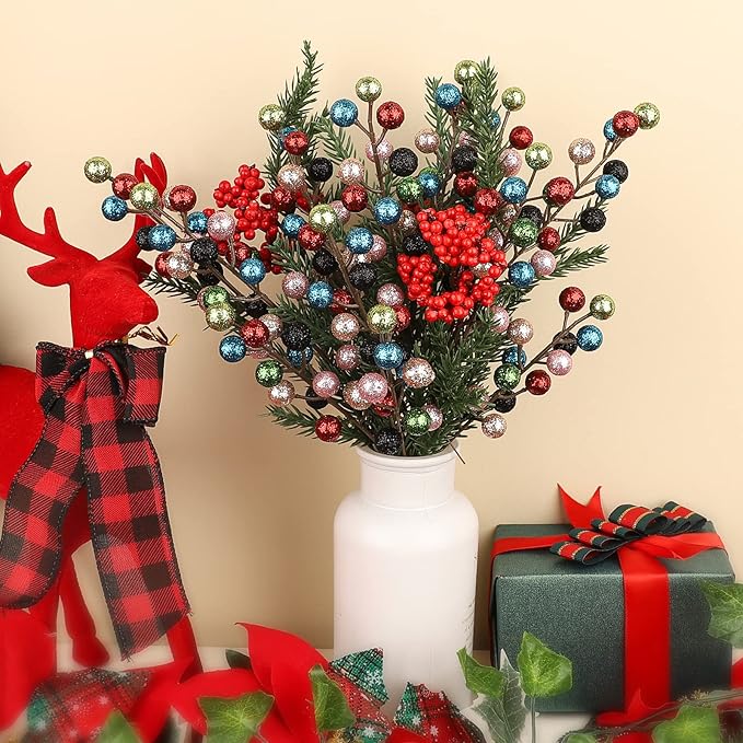 HOHOTIME 24 Pack Artificial Berry Stems Branches, Christmas Faux Holly Colorful Berries Branches Ornaments for Christmas Tree Wreath DIY Craft Decorations Holiday Home Decor(Colorful)