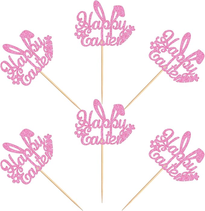 Ercadio 24Pcs Happy Easter Cupcake Toppers Glitter Pink Happy Easter Bunny Ears Cupcake Picks for Easter Day Theme Baby Shower Easter Birthday Party Cupcake Decorations